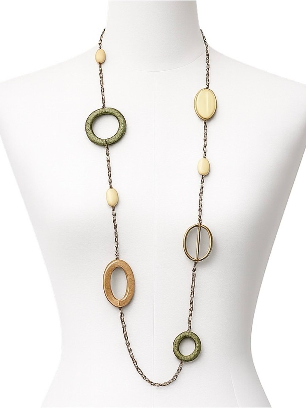 Long Artisan Wood Look Geometric Necklace Olive Brown Cream Boho 40”